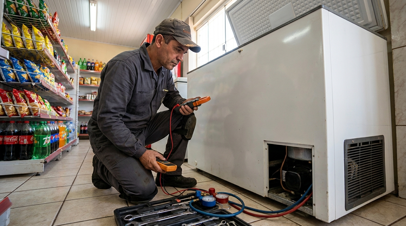 Reparo da placa eletrônica de um freezer em atendimento em Divinópolis‑MG