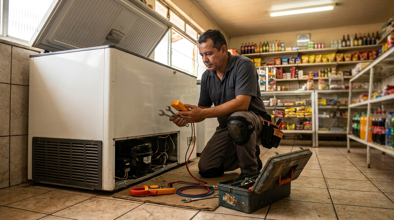 Técnico reparando o motor de um freezer horizontal em Divinópolis‑MG