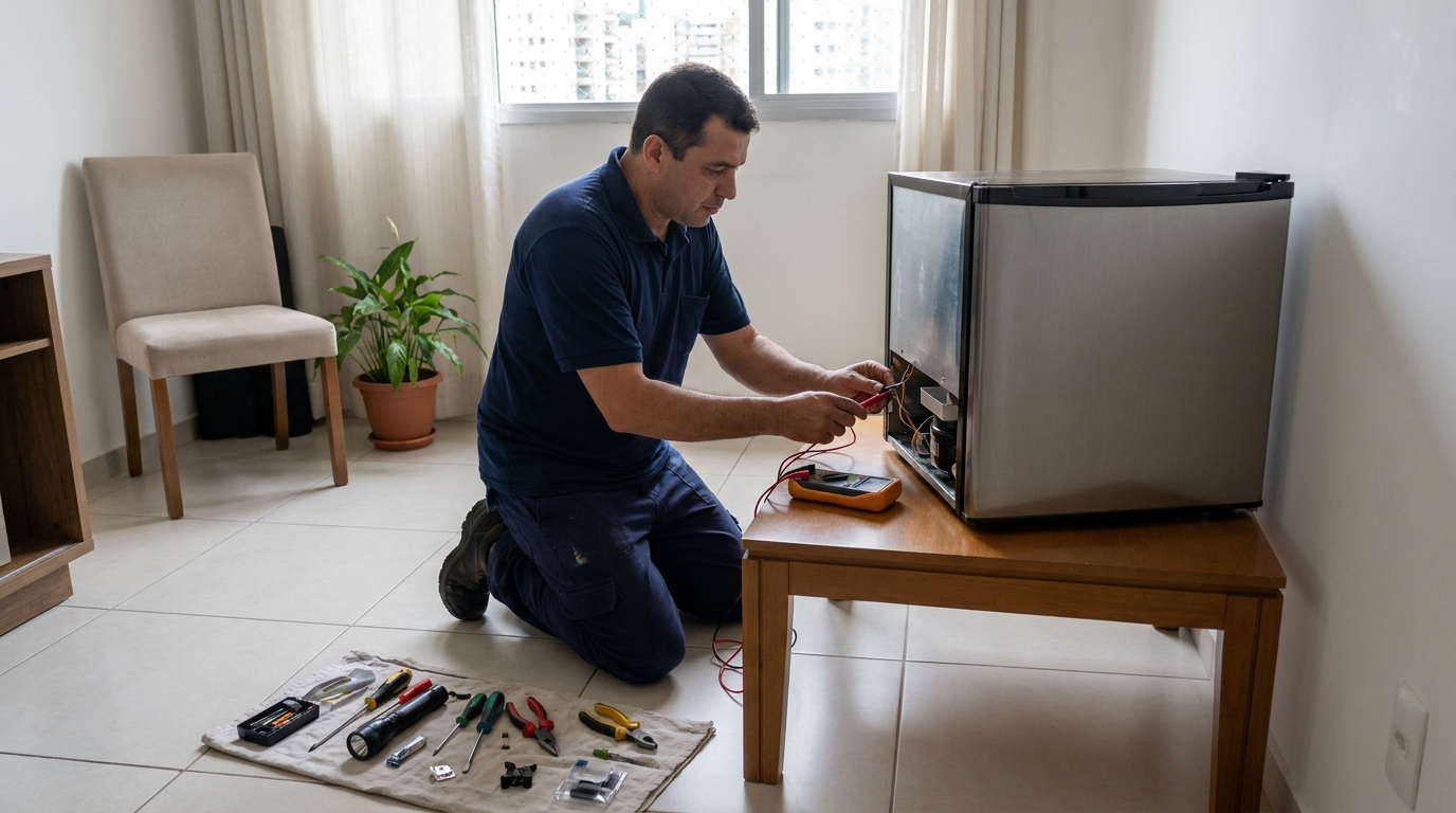 Técnico revisando o motor de um frigobar em Divinópolis‑MG