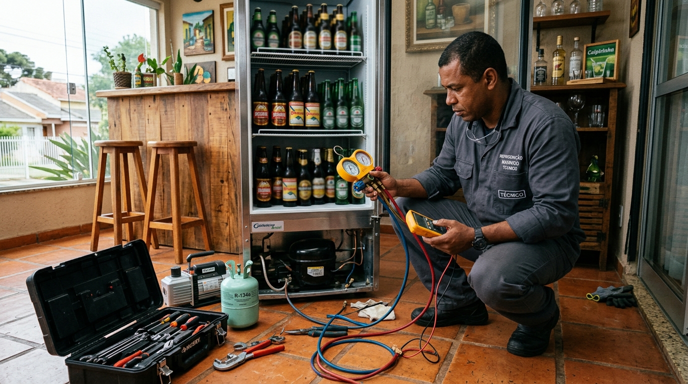 Técnico conferindo a temperatura de uma cervejeira durante atendimento em Divinópolis‑MG